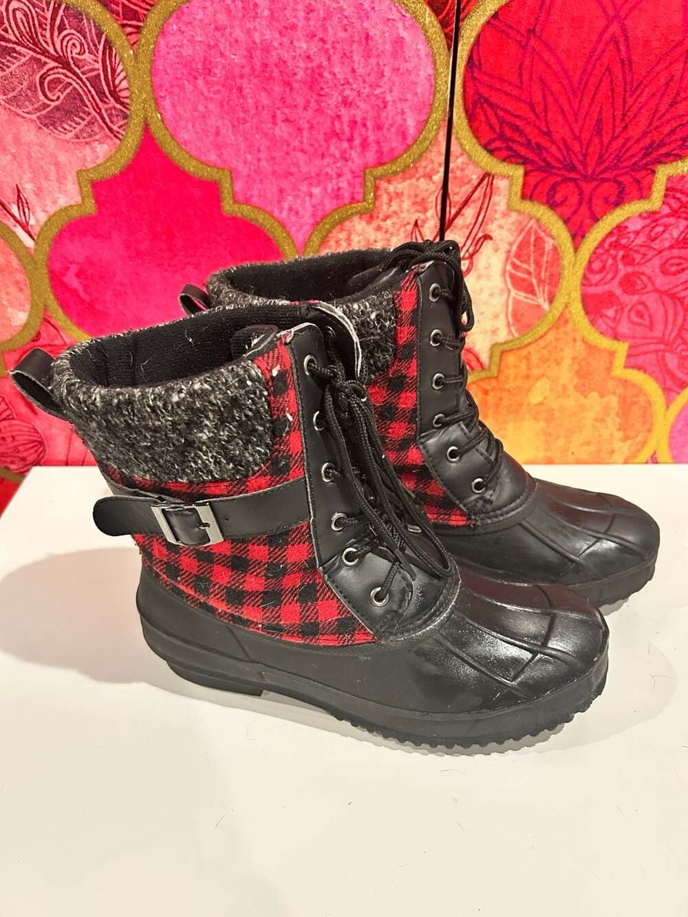 Women's Black and Red Buffalo Plaid Duck Boots with Knit Collar and Buckle Strap